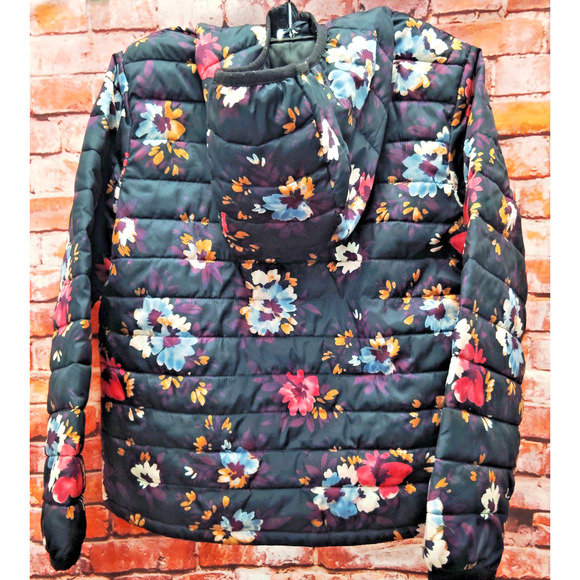 Gap Cold Control Puffer Jacket Kids Medium Black Floral Print Long Sleeve Hooded - Picture 5 of 6